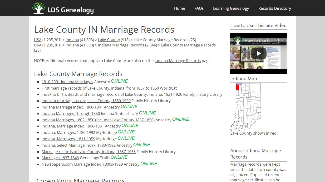 Lake County IN Marriage Records - LDS Genealogy